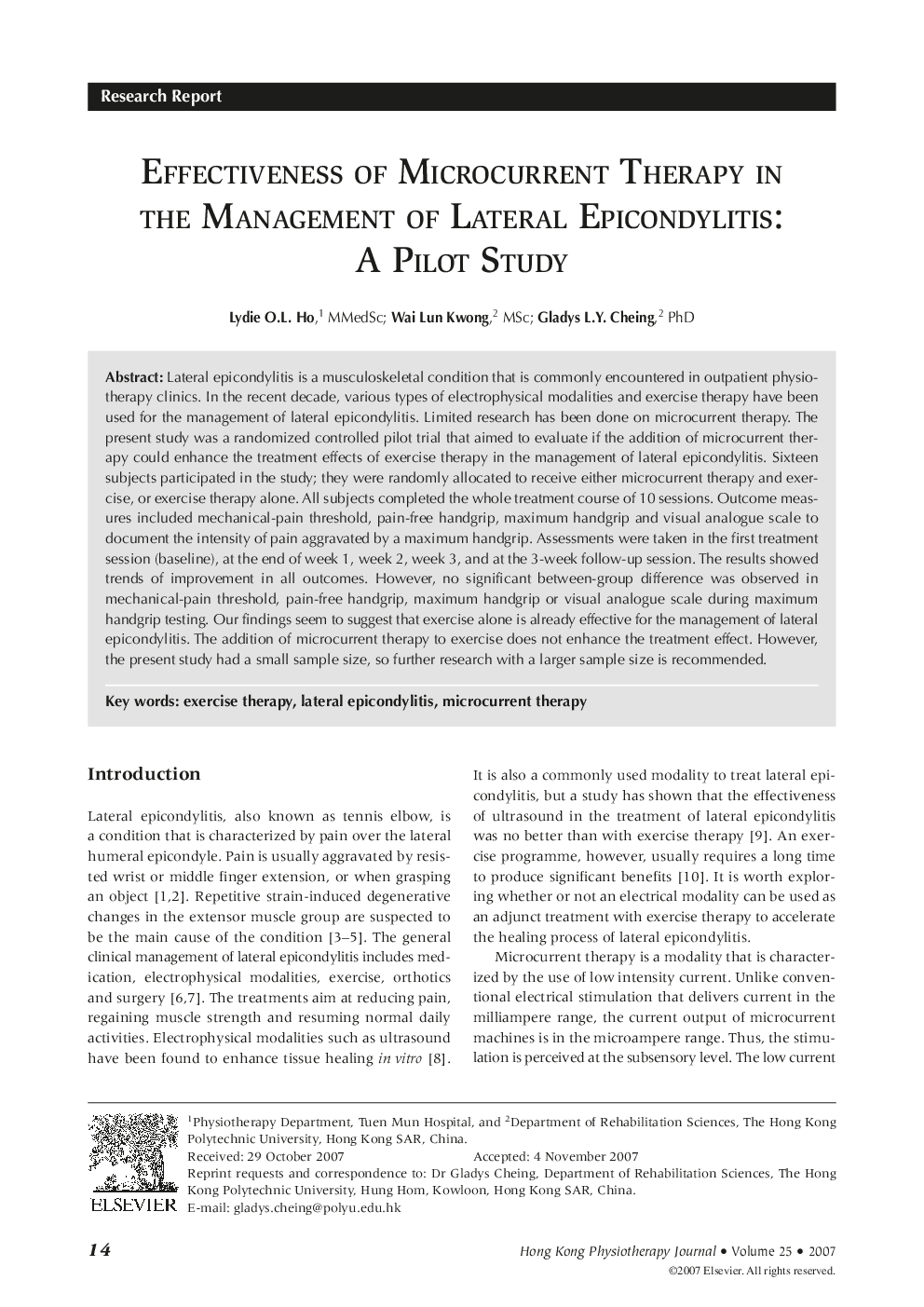 Effectiveness of Microcurrent Therapy in the Management of Lateral Epicondylitis: A Pilot Study