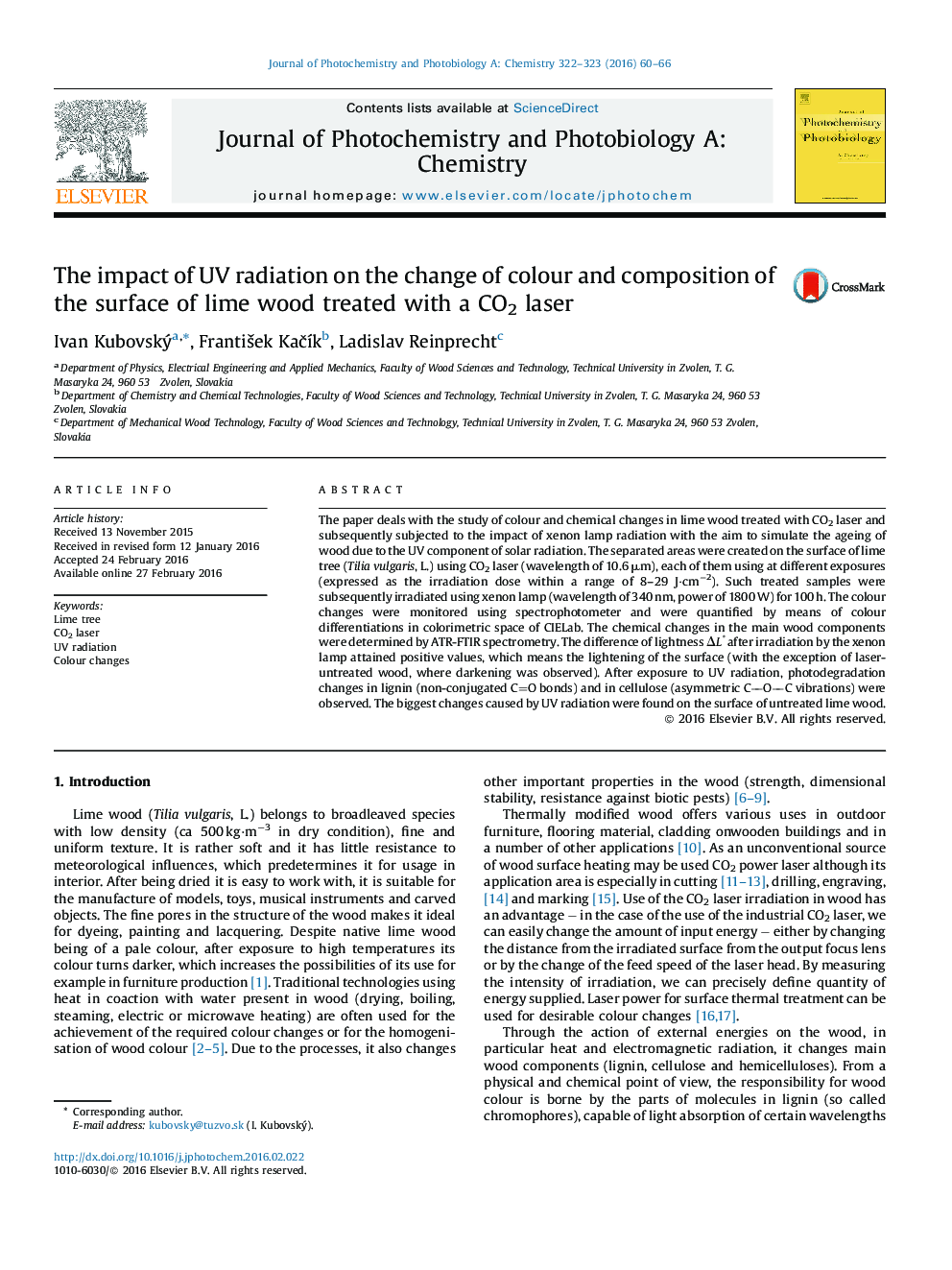 The impact of UV radiation on the change of colour and composition of the surface of lime wood treated with a CO2 laser