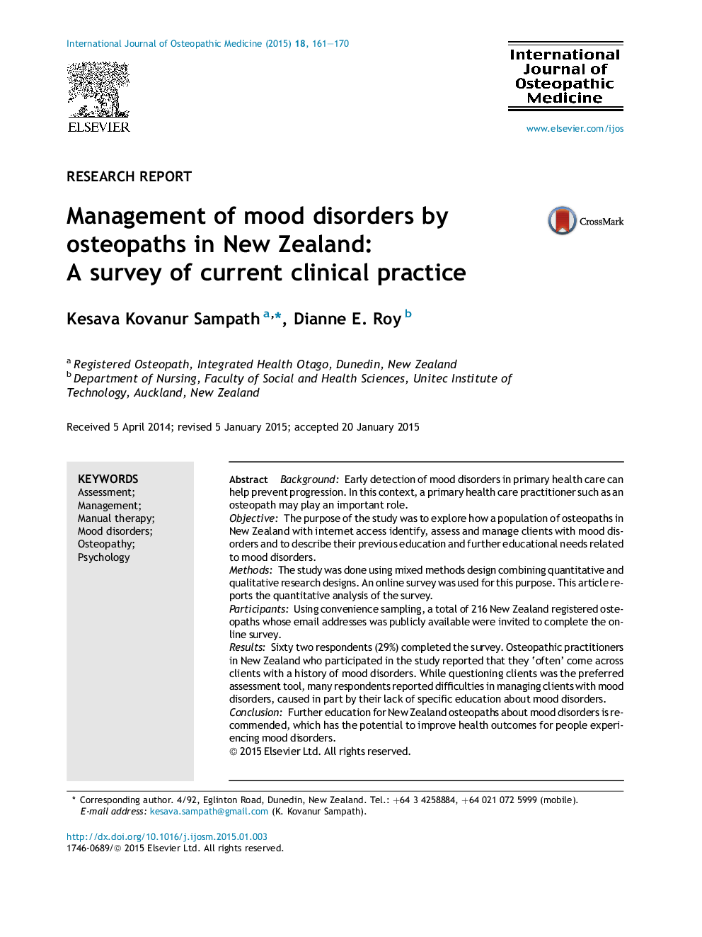 Management of mood disorders by osteopaths in New Zealand: A survey of current clinical practice