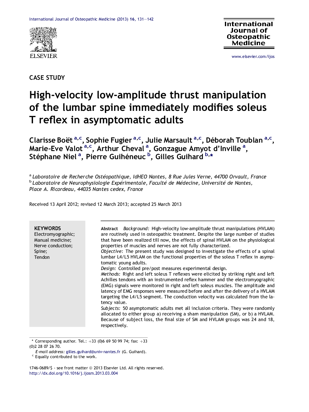 High-velocity low-amplitude thrust manipulation of the lumbar spine immediately modifies soleus T reflex in asymptomatic adults