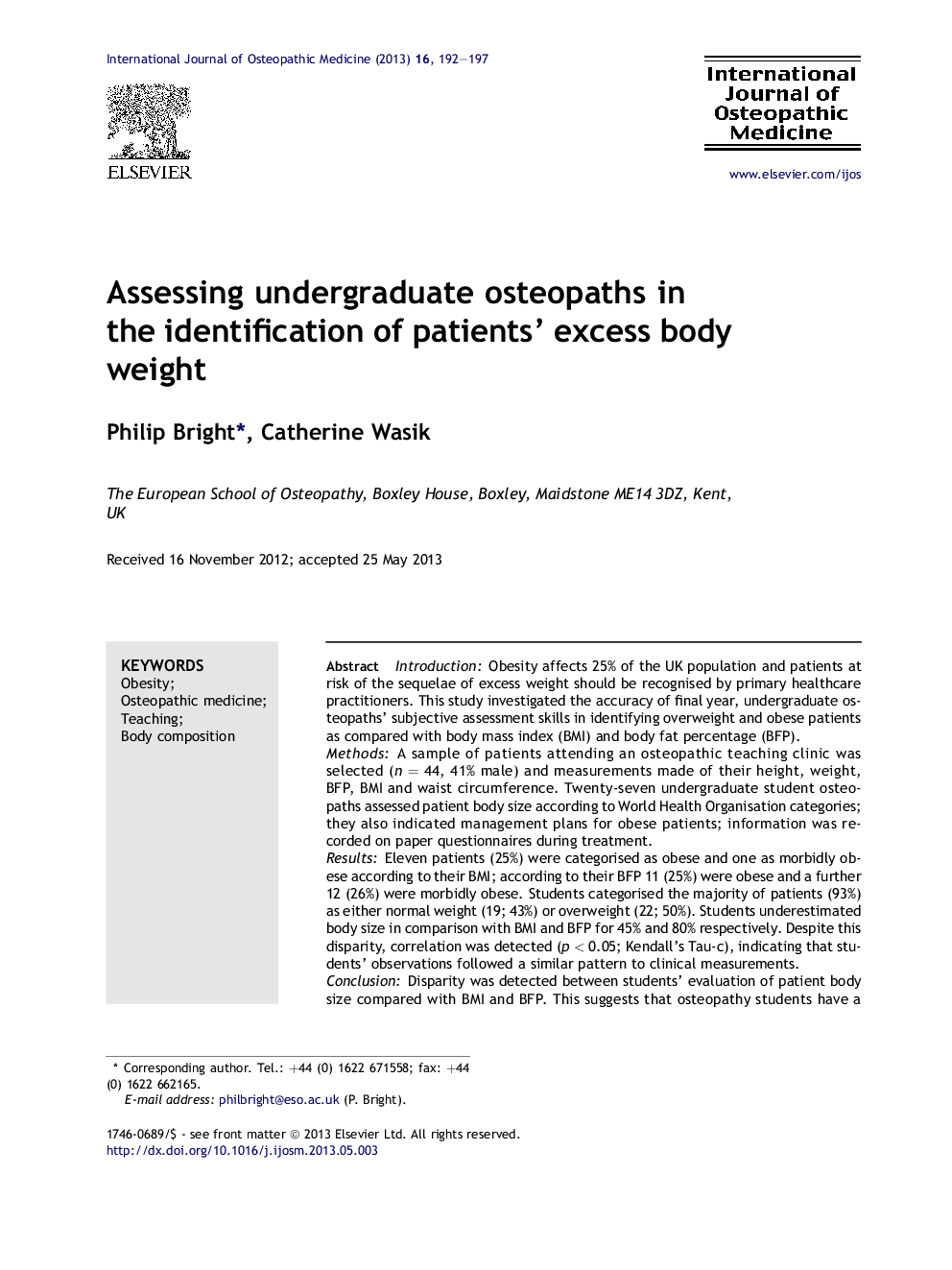 Assessing undergraduate osteopaths in the identification of patients' excess body weight