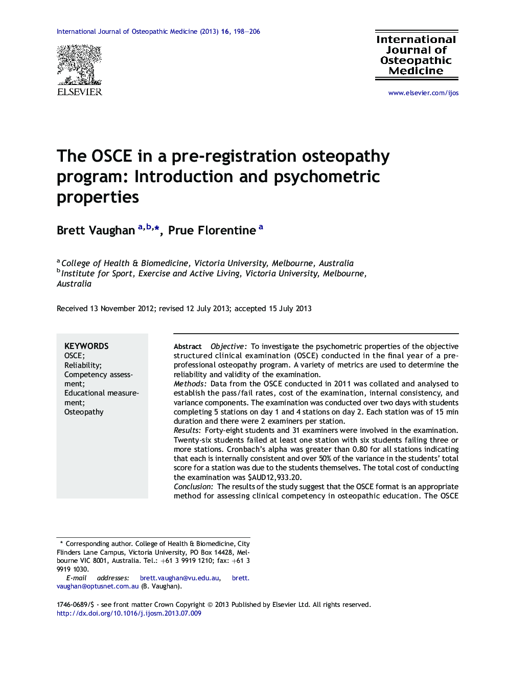 The OSCE in a pre-registration osteopathy program: Introduction and psychometric properties