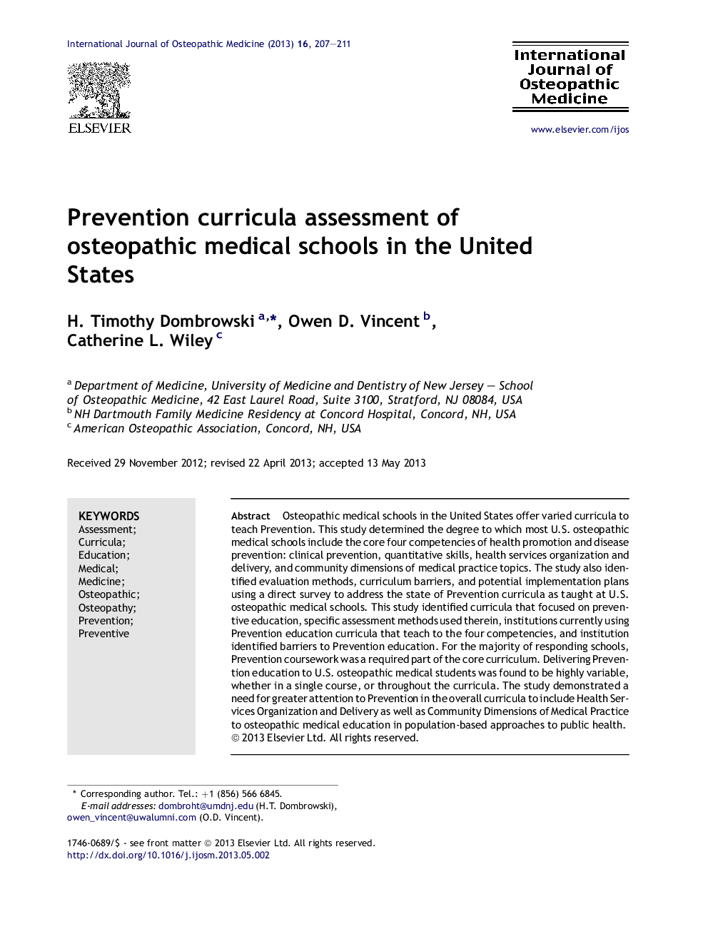Prevention curricula assessment of osteopathic medical schools in the United States