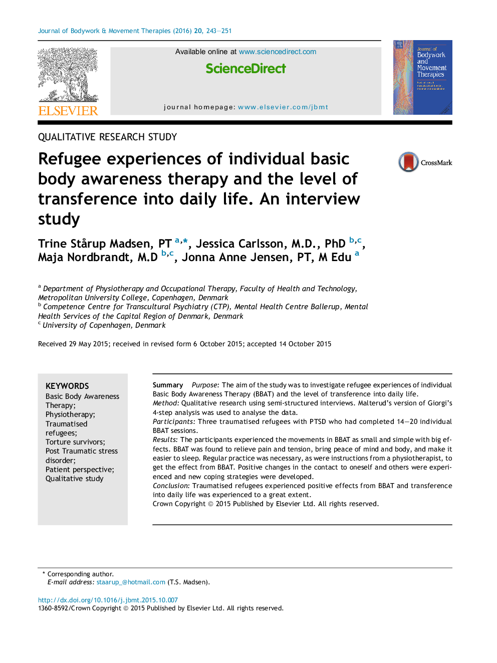 Refugee experiences of individual basic body awareness therapy and the level of transference into daily life. An interview study