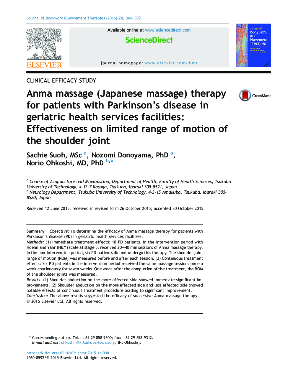 Anma massage (Japanese massage) therapy for patients with Parkinson's disease in geriatric health services facilities: Effectiveness on limited range of motion of the shoulder joint