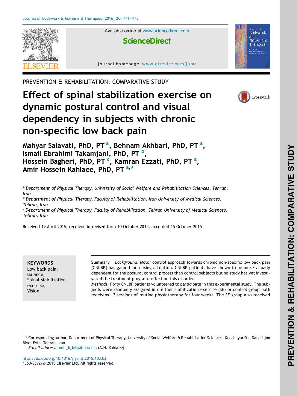 Effect of spinal stabilization exercise on dynamic postural control and visual dependency in subjects with chronic non-specific low back pain