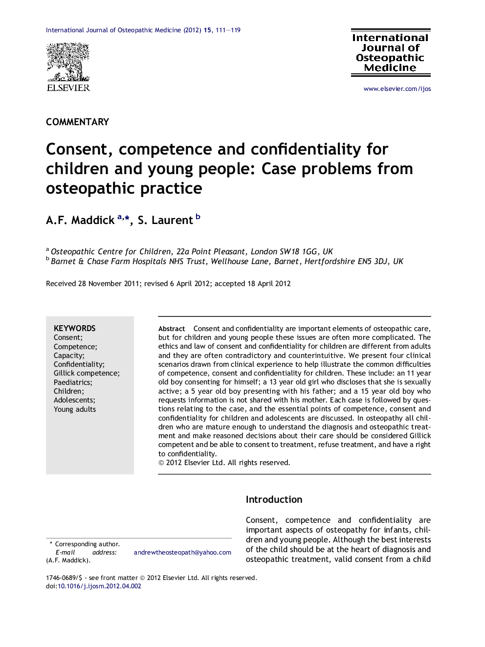 Consent, competence and confidentiality for children and young people: Case problems from osteopathic practice