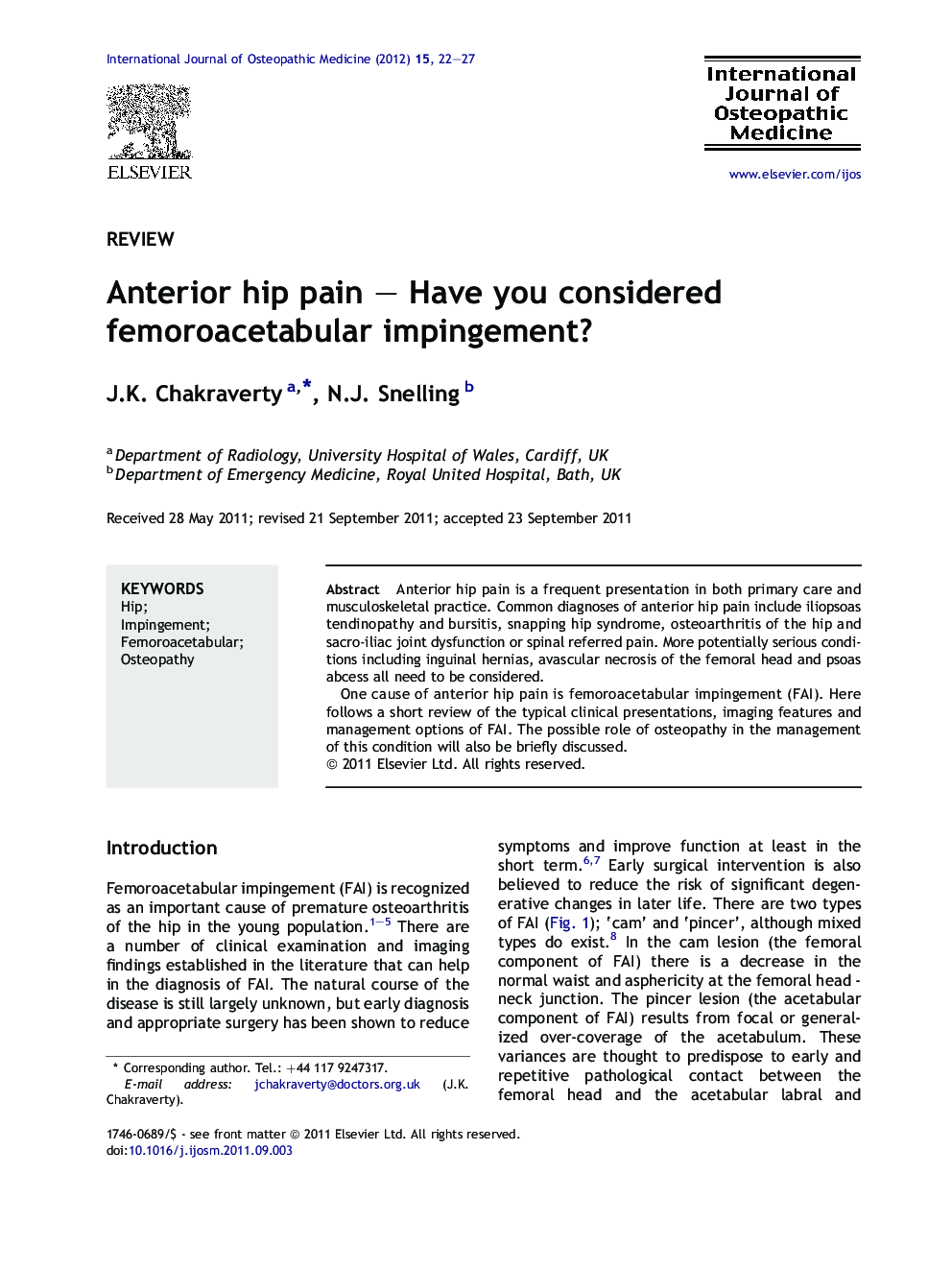 Anterior hip pain – Have you considered femoroacetabular impingement?