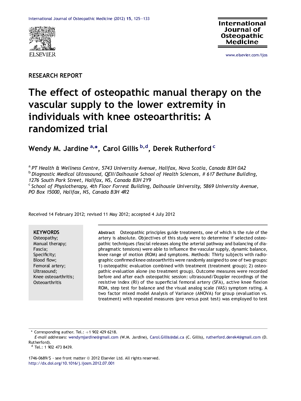 The effect of osteopathic manual therapy on the vascular supply to the lower extremity in individuals with knee osteoarthritis: A randomized trial