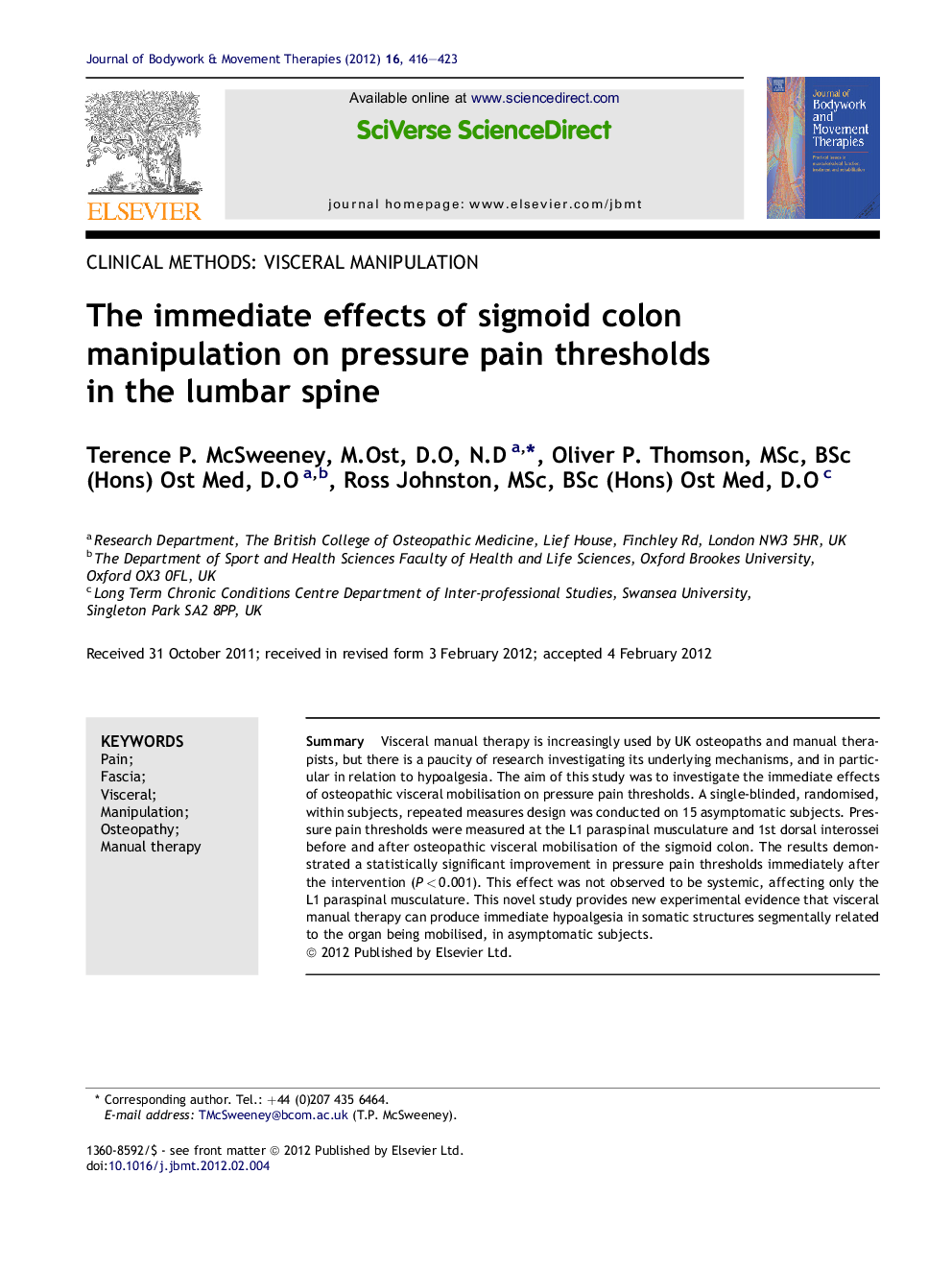 The immediate effects of sigmoid colon manipulation on pressure pain thresholds in the lumbar spine