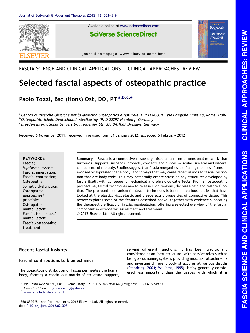 Selected fascial aspects of osteopathic practice