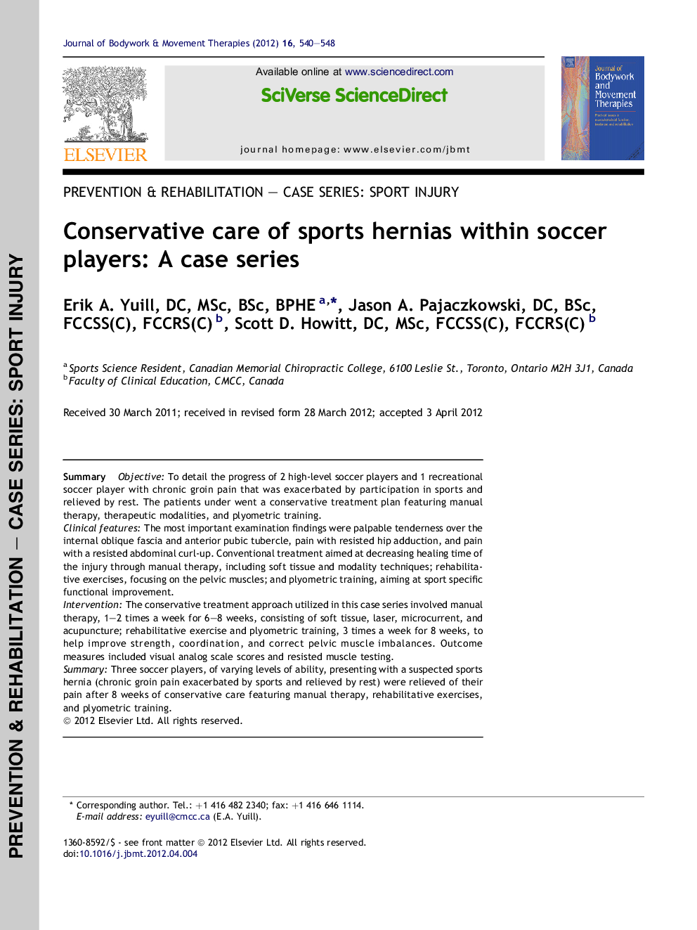 Conservative care of sports hernias within soccer players: A case series