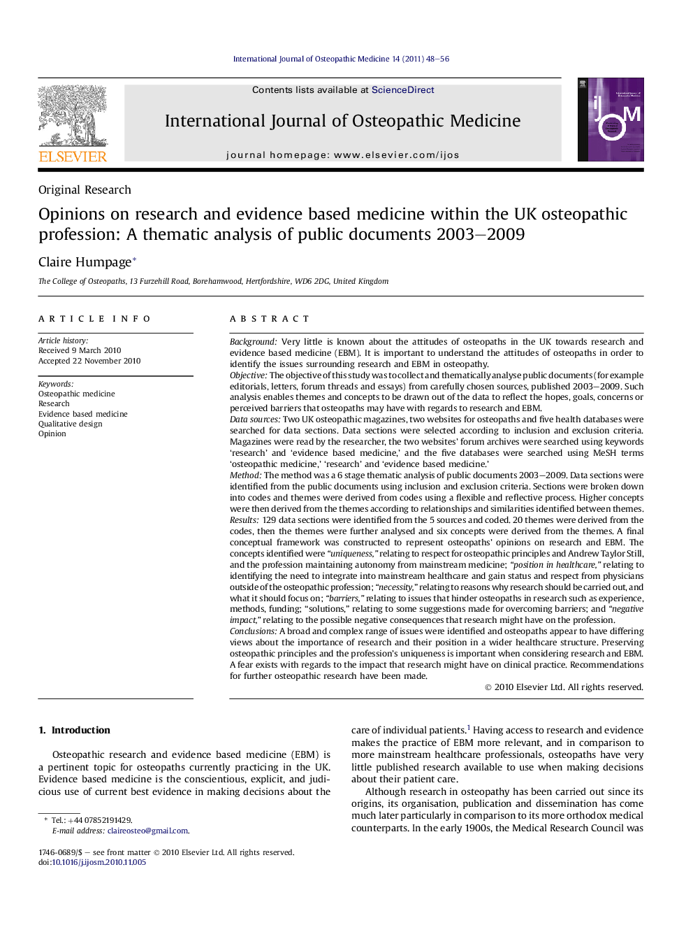 Opinions on research and evidence based medicine within the UK osteopathic profession: A thematic analysis of public documents 2003–2009