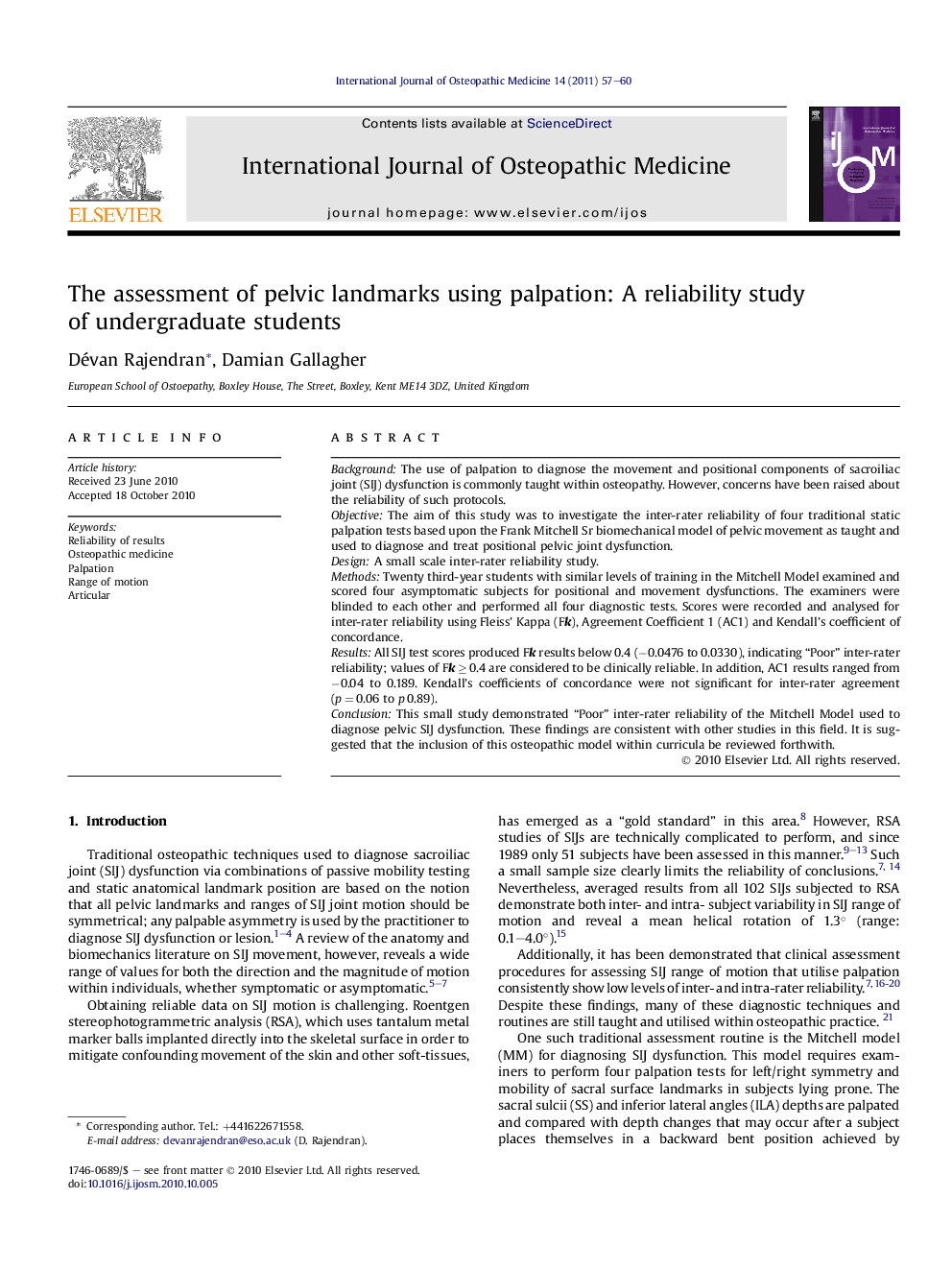 The assessment of pelvic landmarks using palpation: A reliability study of undergraduate students