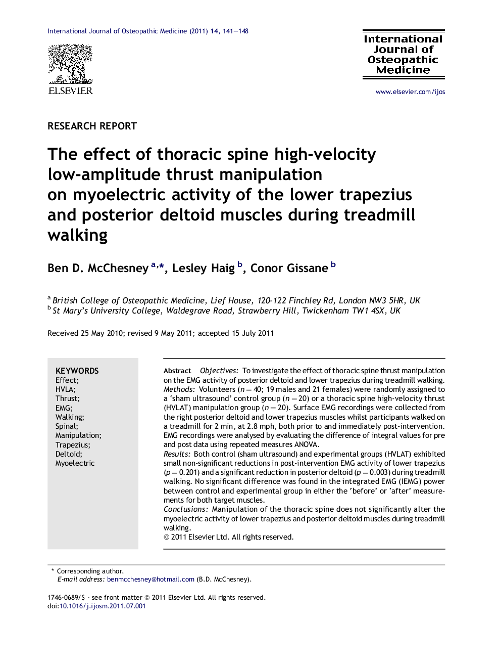 The effect of thoracic spine high-velocity low-amplitude thrust manipulation on myoelectric activity of the lower trapezius and posterior deltoid muscles during treadmill walking