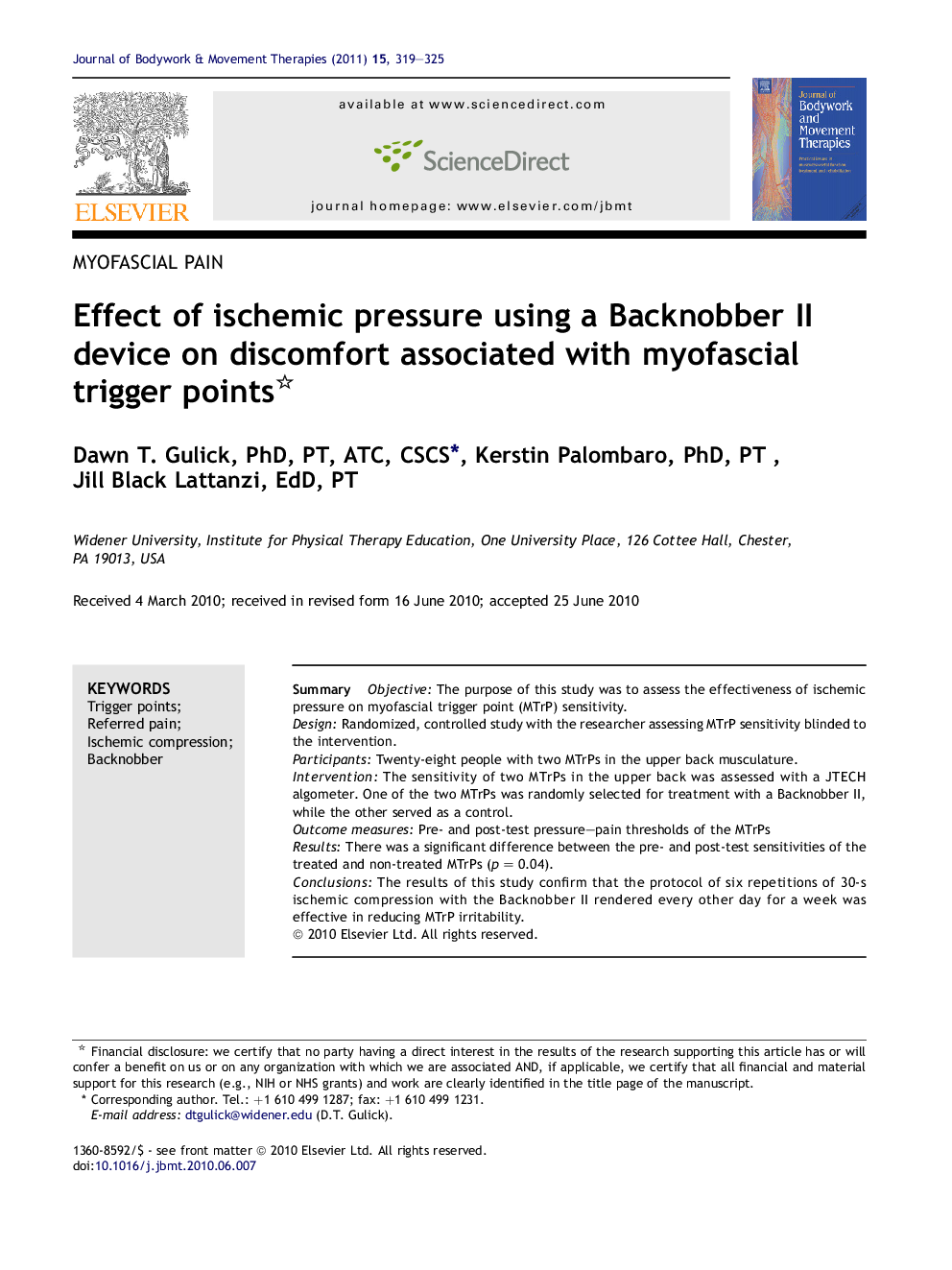 Effect of ischemic pressure using a Backnobber II device on discomfort associated with myofascial trigger points 