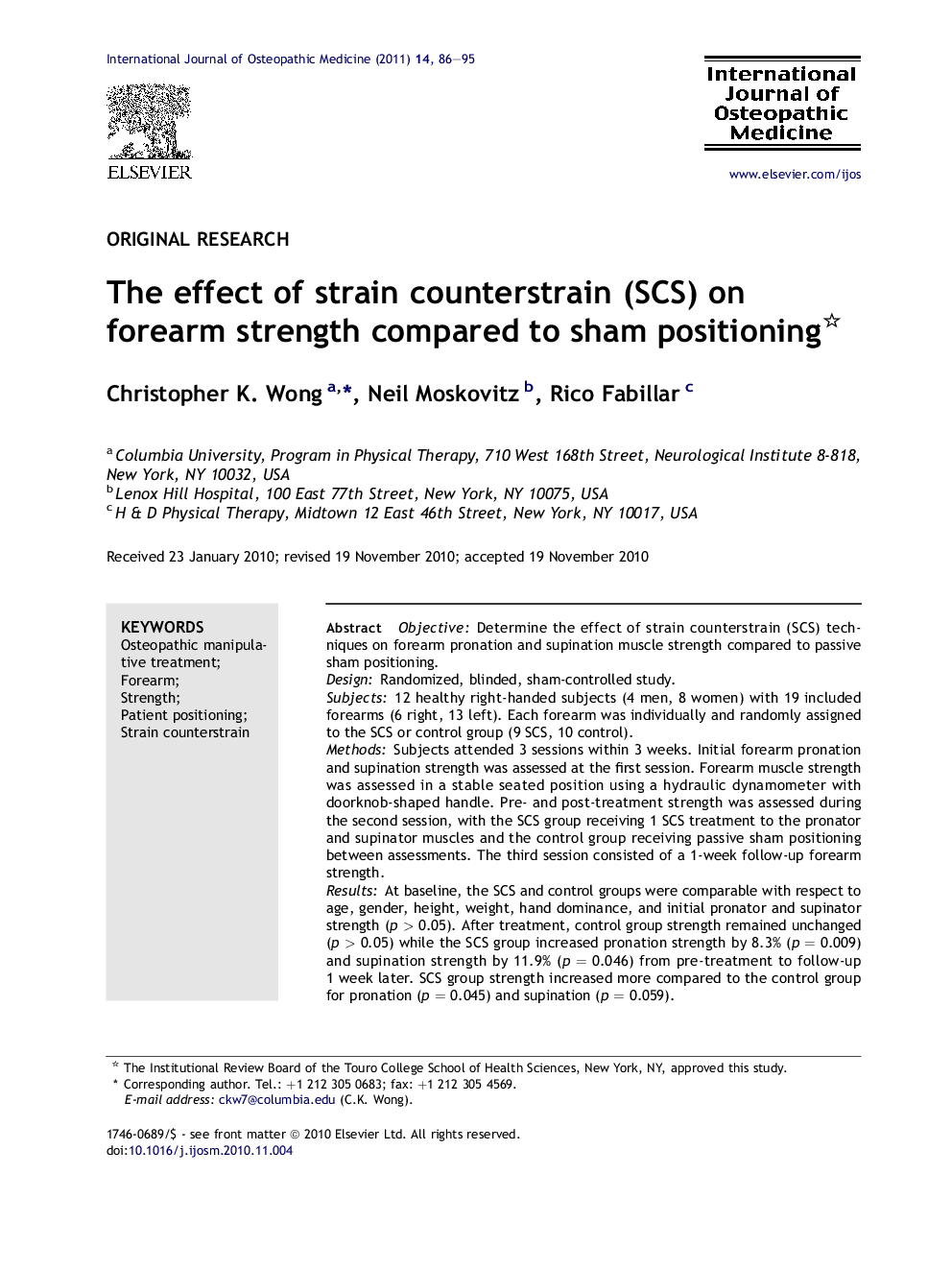 The effect of strain counterstrain (SCS) on forearm strength compared to sham positioning 