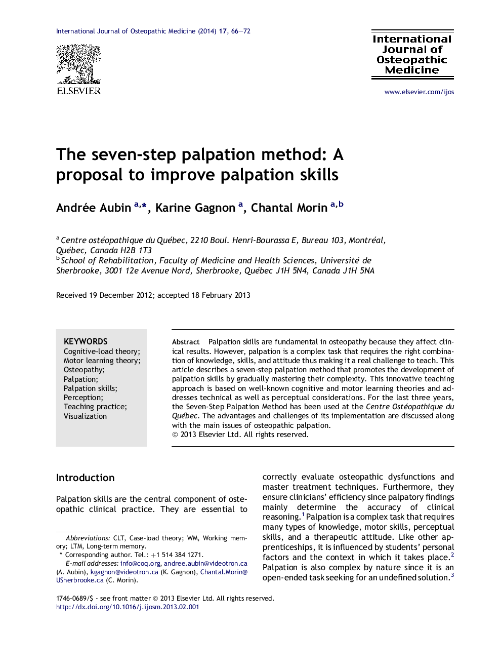 The seven-step palpation method: A proposal to improve palpation skills