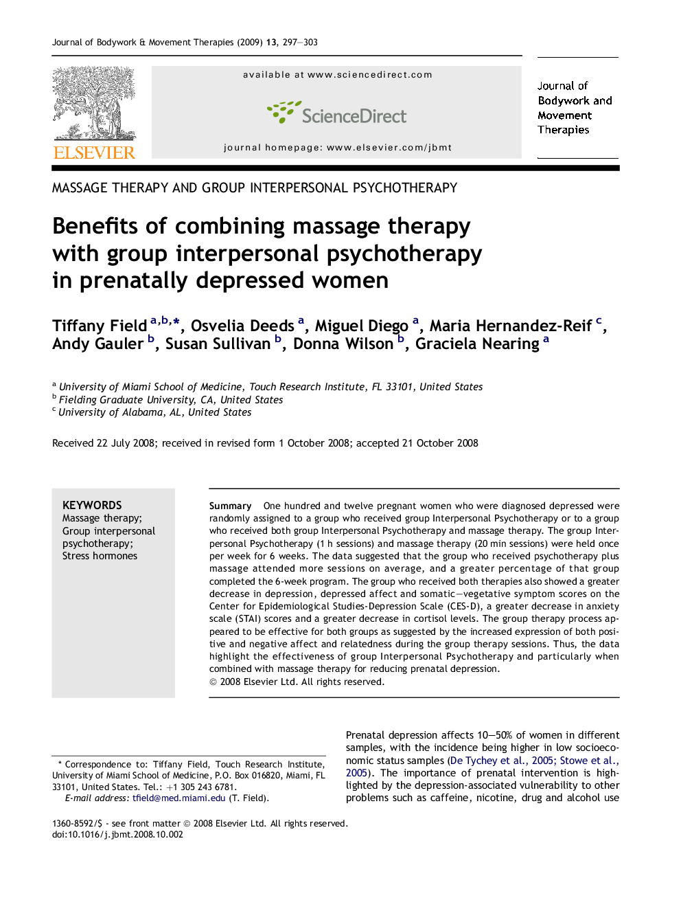 Benefits of combining massage therapy with group interpersonal psychotherapy in prenatally depressed women