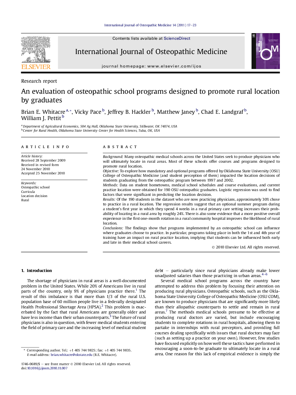 An evaluation of osteopathic school programs designed to promote rural location by graduates