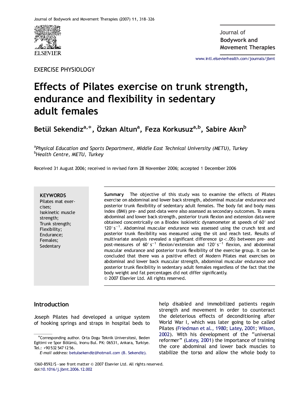 Effects of Pilates exercise on trunk strength, endurance and flexibility in sedentary adult females