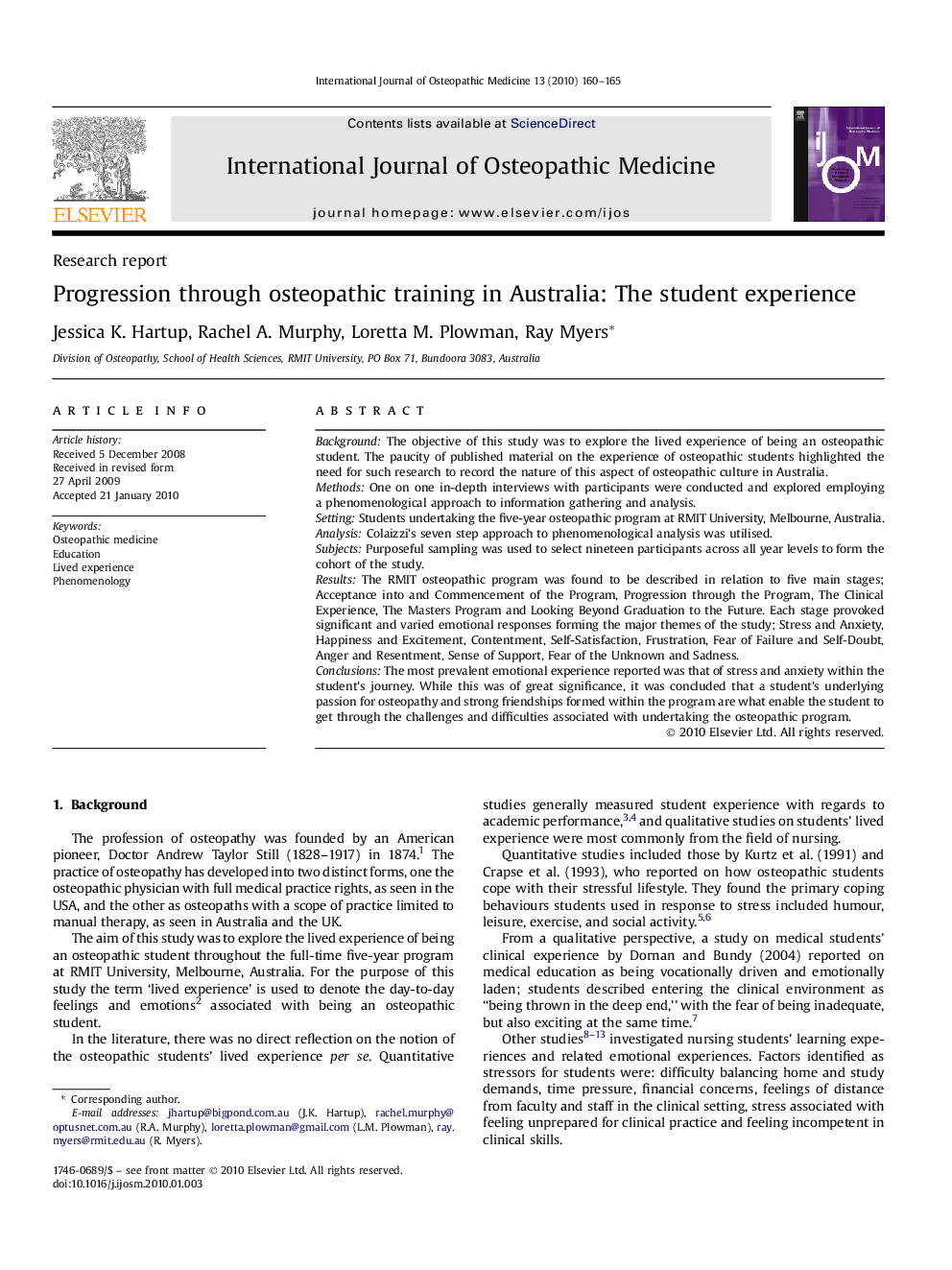 Progression through osteopathic training in Australia: The student experience