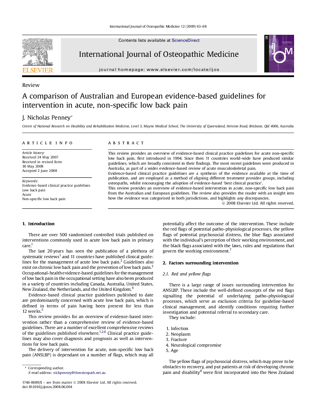 A comparison of Australian and European evidence-based guidelines for intervention in acute, non-specific low back pain