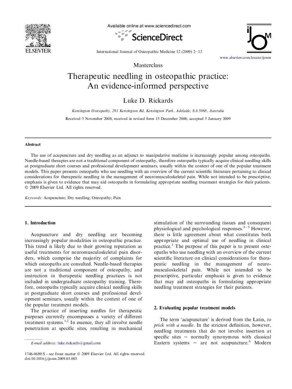 Therapeutic needling in osteopathic practice: An evidence-informed perspective