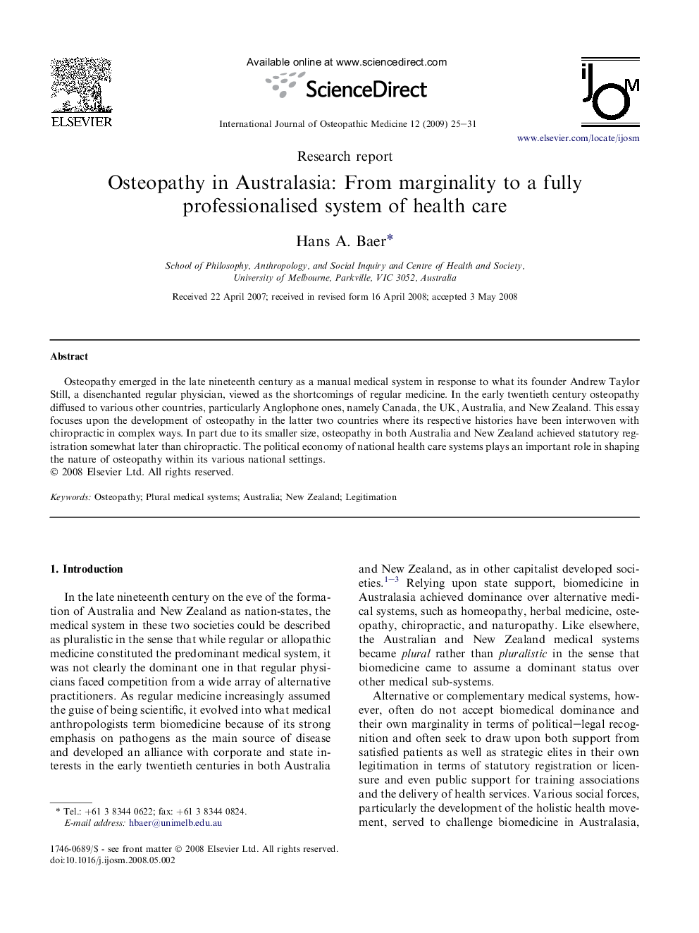 Osteopathy in Australasia: From marginality to a fully professionalised system of health care