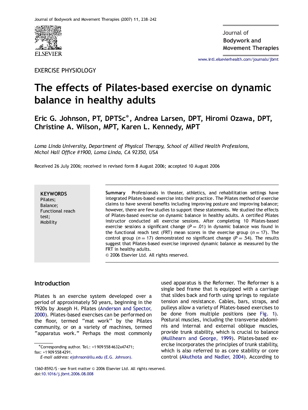 The effects of Pilates-based exercise on dynamic balance in healthy adults