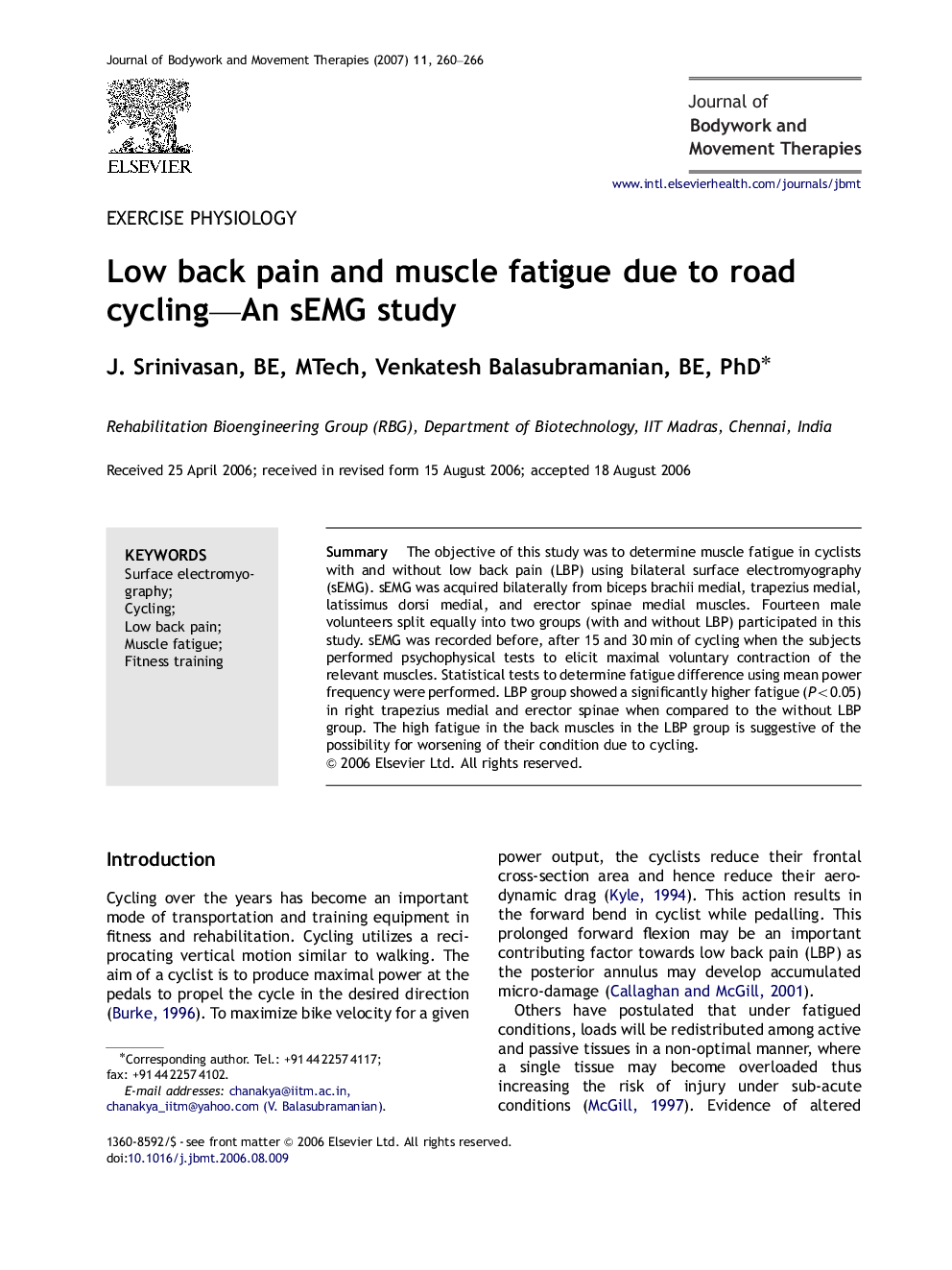 Low back pain and muscle fatigue due to road cycling—An sEMG study