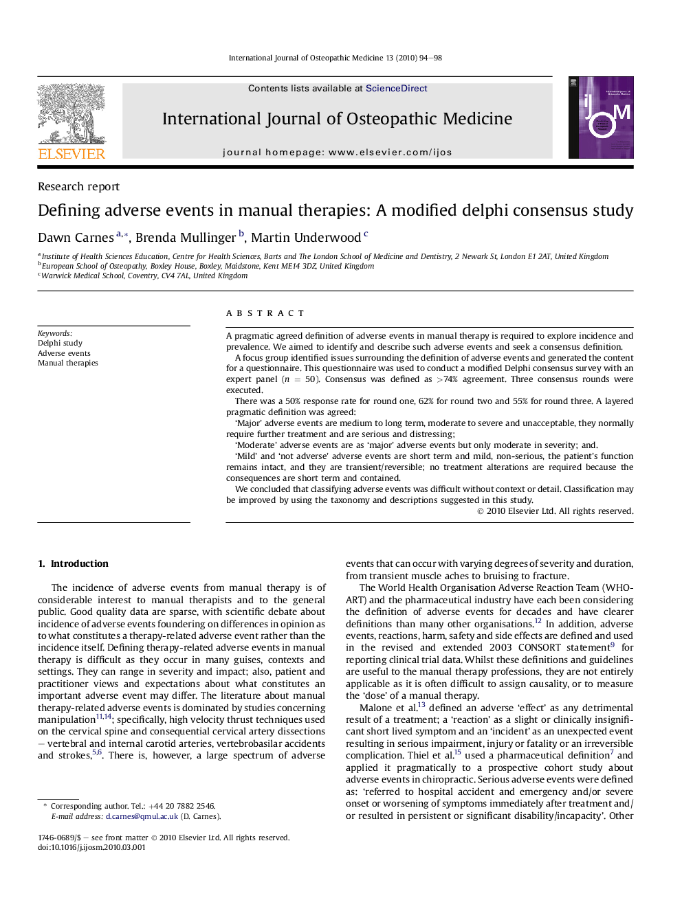 Defining adverse events in manual therapies: A modified delphi consensus study