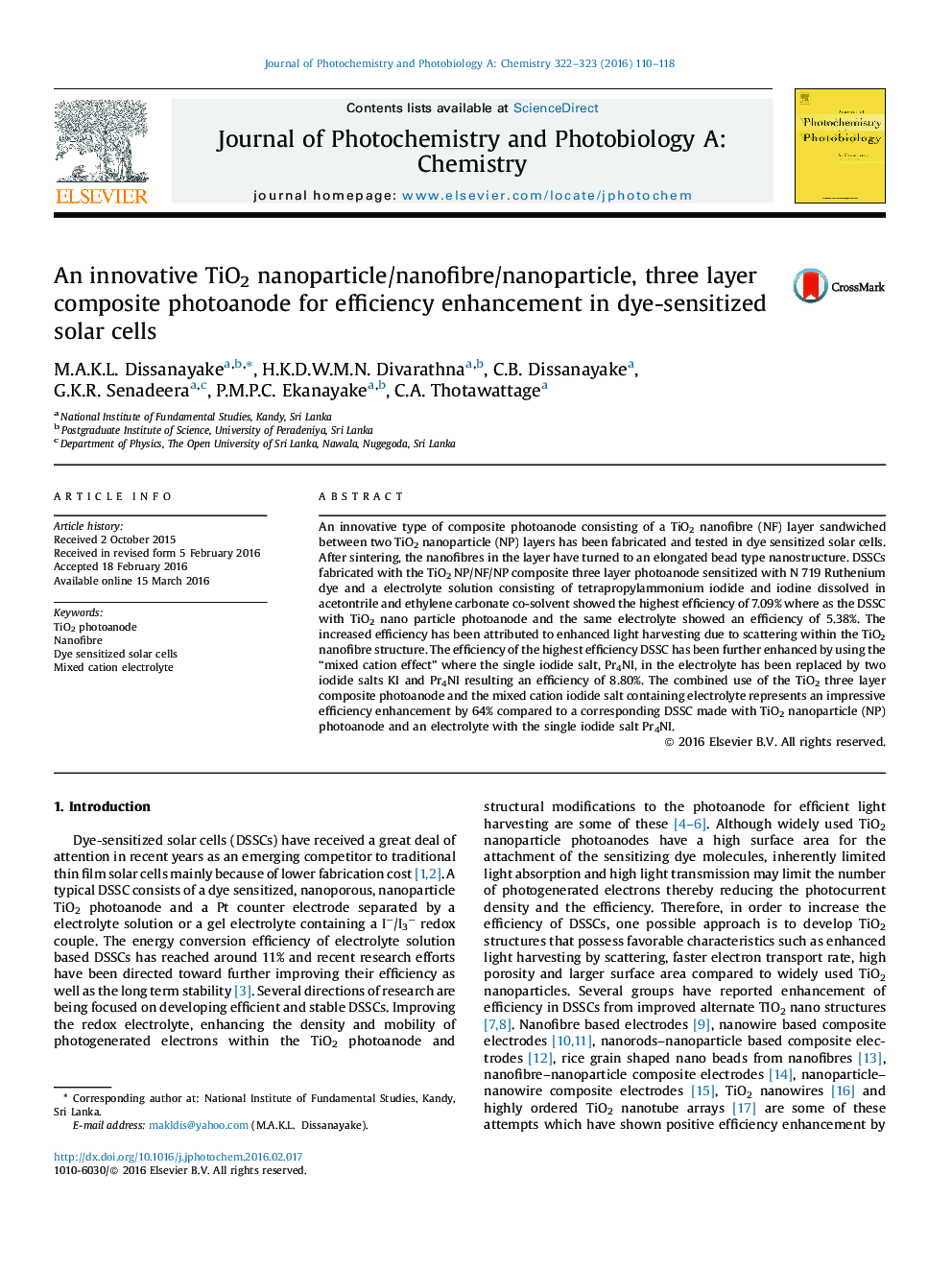 An innovative TiO2 nanoparticle/nanofibre/nanoparticle, three layer composite photoanode for efficiency enhancement in dye-sensitized solar cells