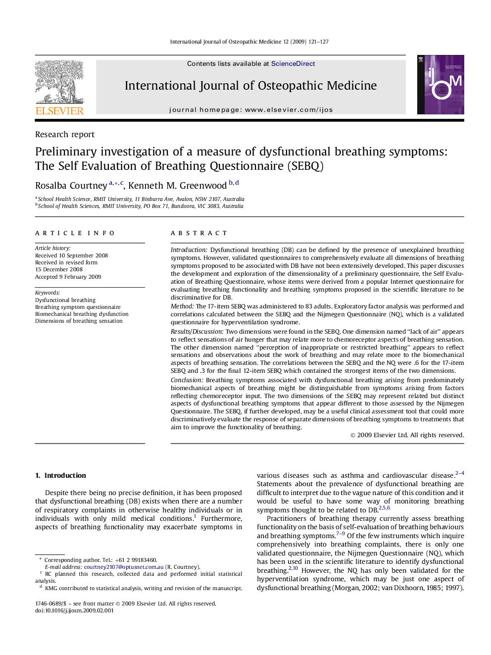 Preliminary investigation of a measure of dysfunctional breathing symptoms: The Self Evaluation of Breathing Questionnaire (SEBQ)