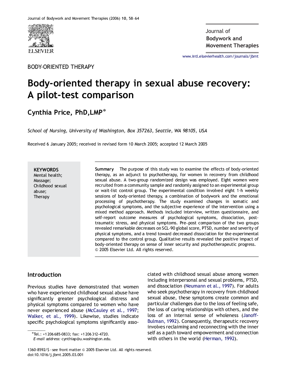 Body-oriented therapy in sexual abuse recovery: A pilot-test comparison