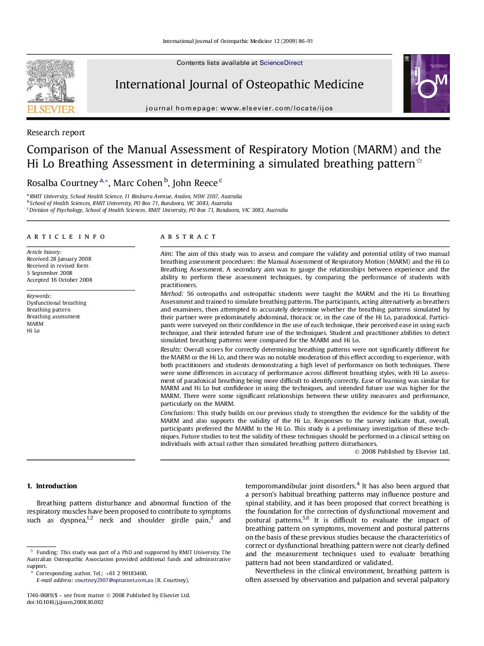 Comparison of the Manual Assessment of Respiratory Motion (MARM) and the Hi Lo Breathing Assessment in determining a simulated breathing pattern 