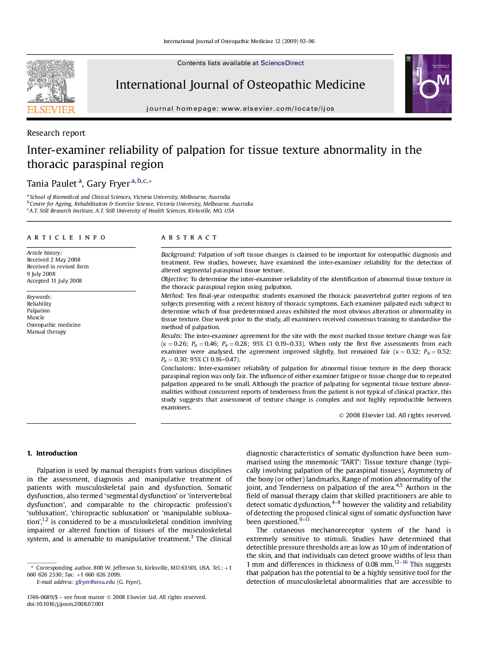 Inter-examiner reliability of palpation for tissue texture abnormality in the thoracic paraspinal region