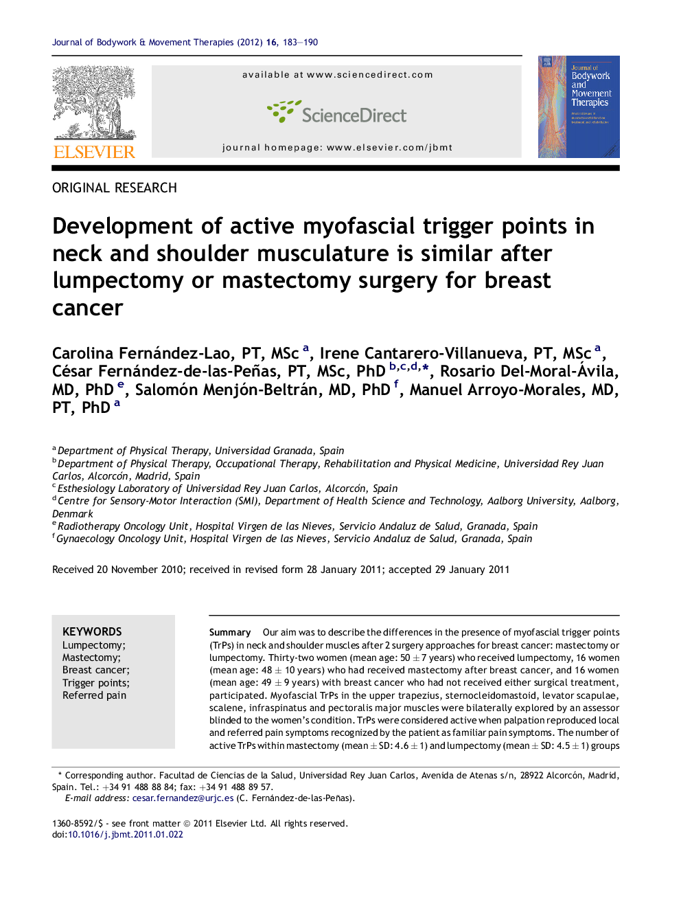 Development of active myofascial trigger points in neck and shoulder musculature is similar after lumpectomy or mastectomy surgery for breast cancer