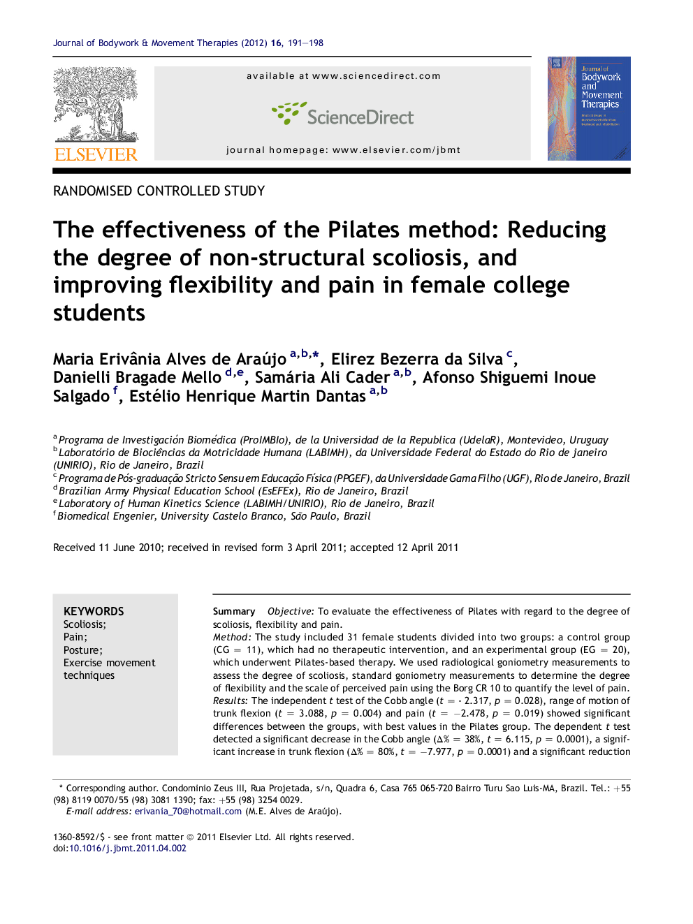 The effectiveness of the Pilates method: Reducing the degree of non-structural scoliosis, and improving flexibility and pain in female college students