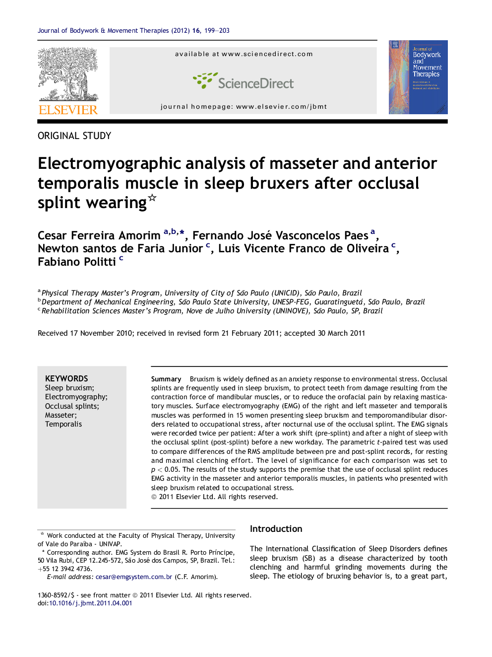 Electromyographic analysis of masseter and anterior temporalis muscle in sleep bruxers after occlusal splint wearing 