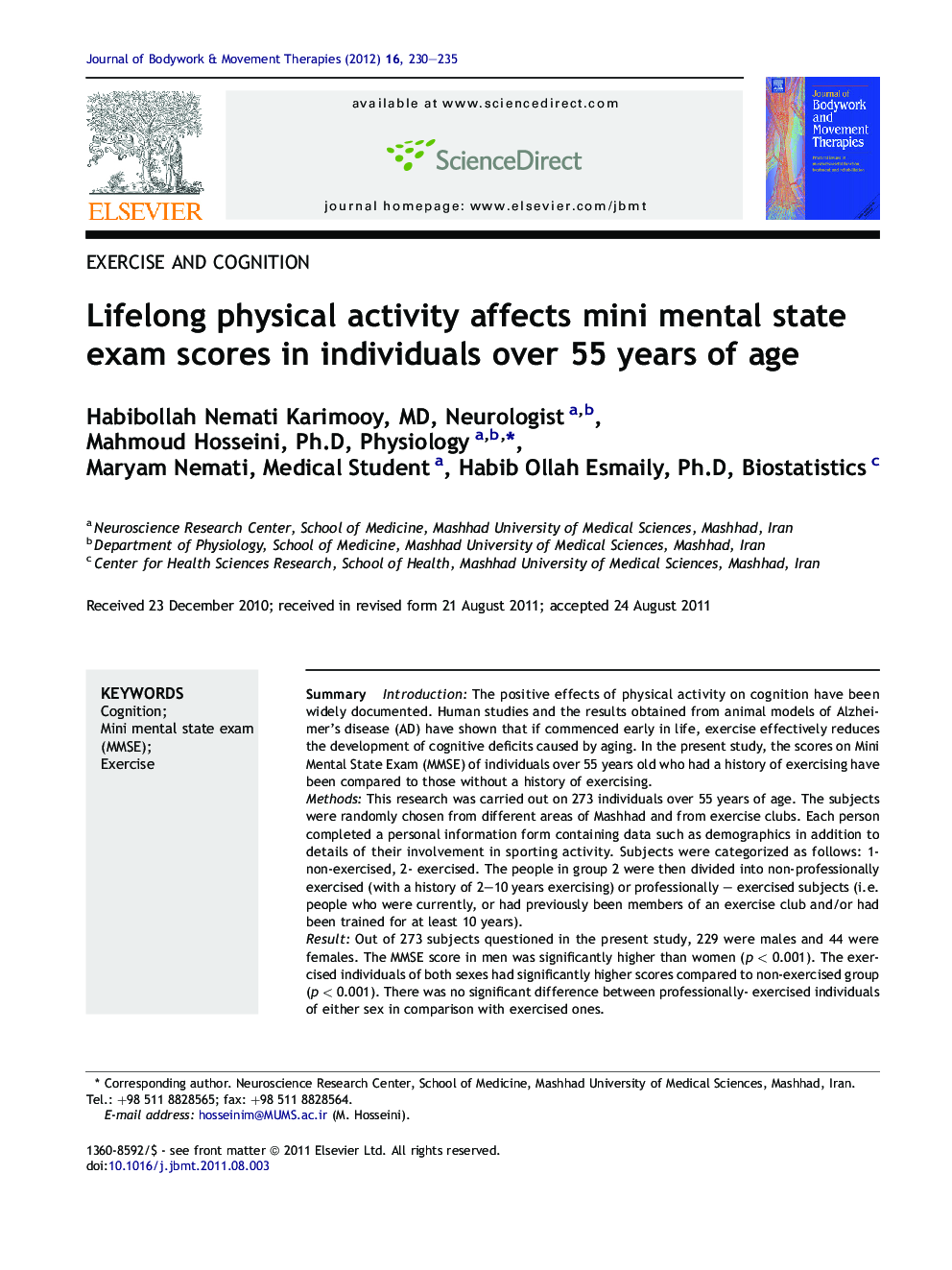 Lifelong physical activity affects mini mental state exam scores in individuals over 55 years of age