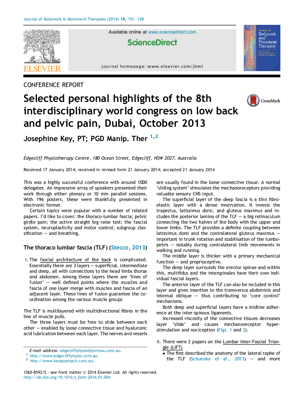 Selected personal highlights of the 8th interdisciplinary world congress on low back and pelvic pain, Dubai, October 2013