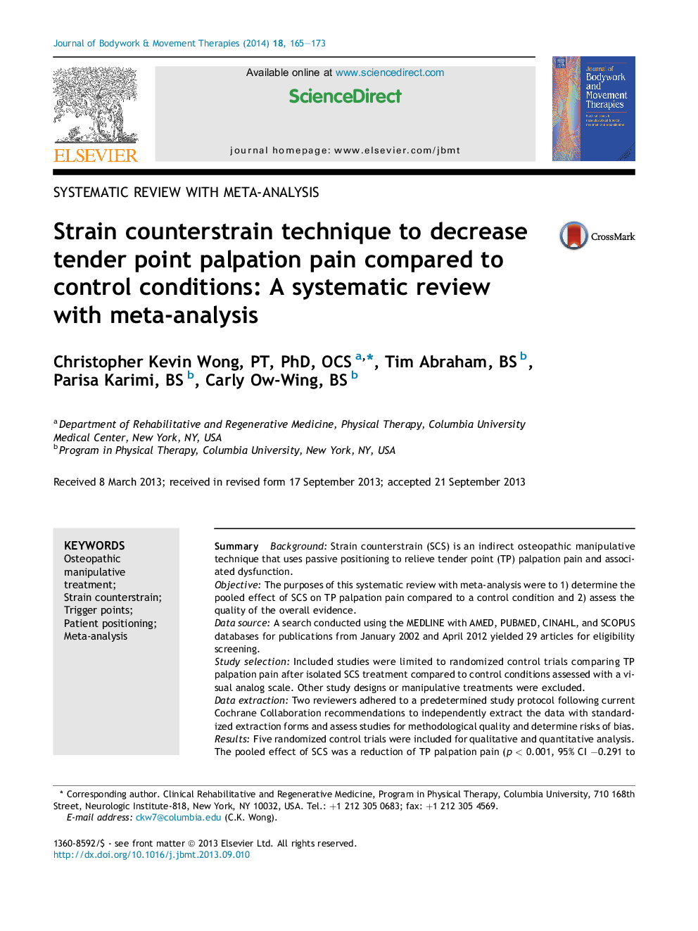 Strain counterstrain technique to decrease tender point palpation pain compared to control conditions: A systematic review with meta-analysis