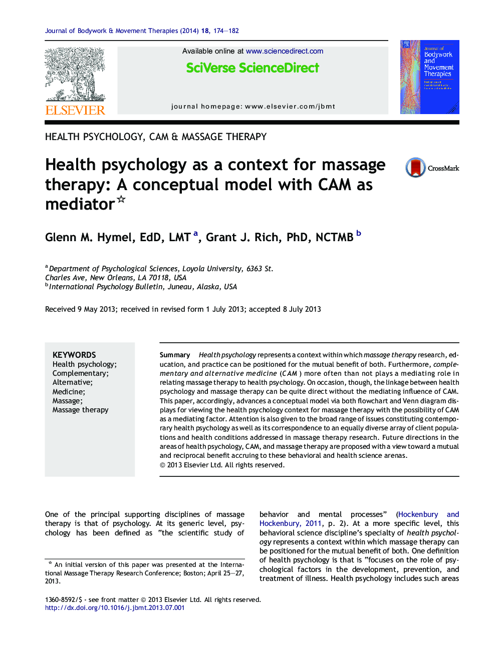 Health psychology as a context for massage therapy: A conceptual model with CAM as mediator 