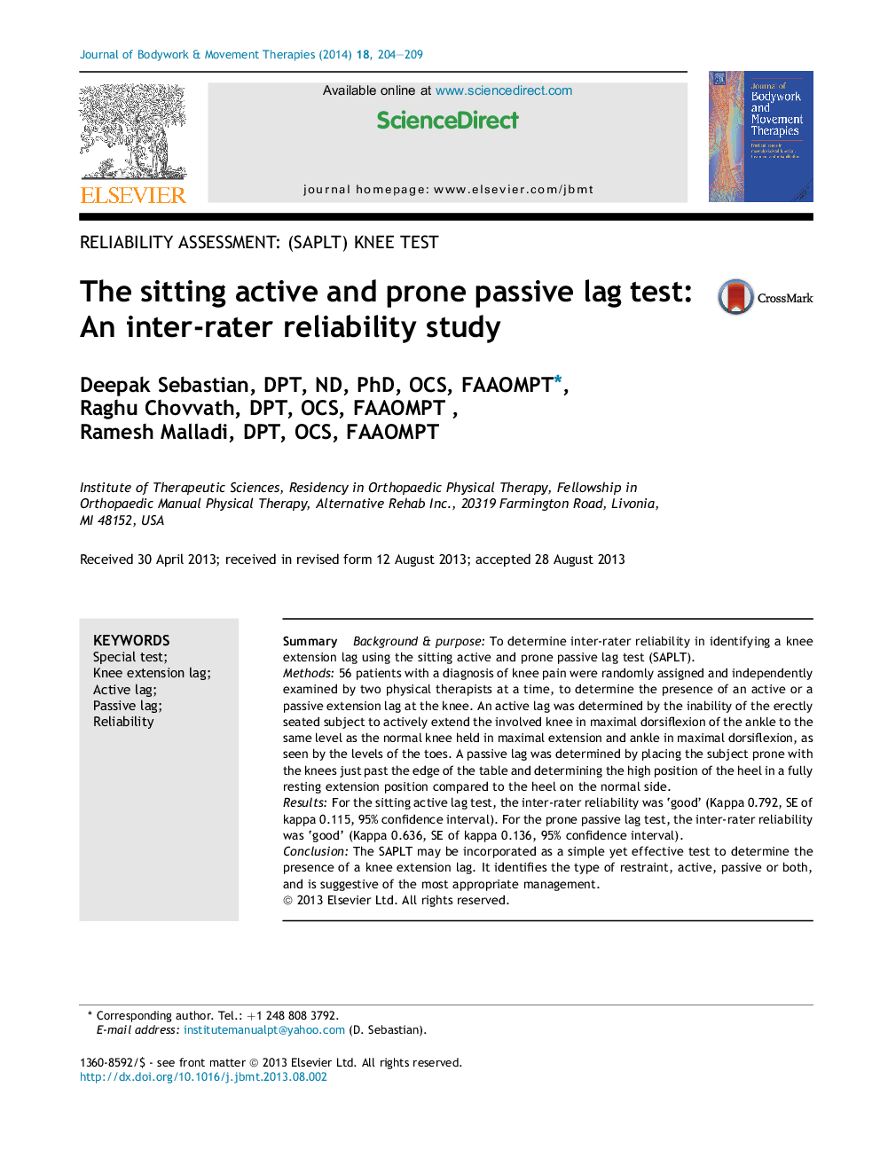 The sitting active and prone passive lag test: An inter-rater reliability study