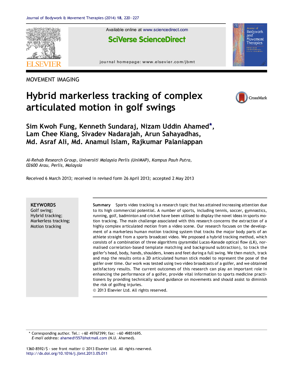 Hybrid markerless tracking of complex articulated motion in golf swings