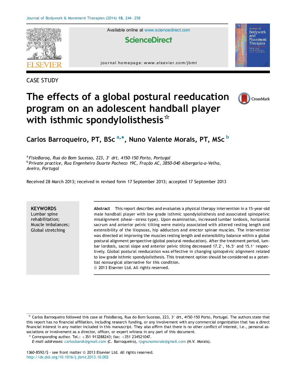 The effects of a global postural reeducation program on an adolescent handball player with isthmic spondylolisthesis 