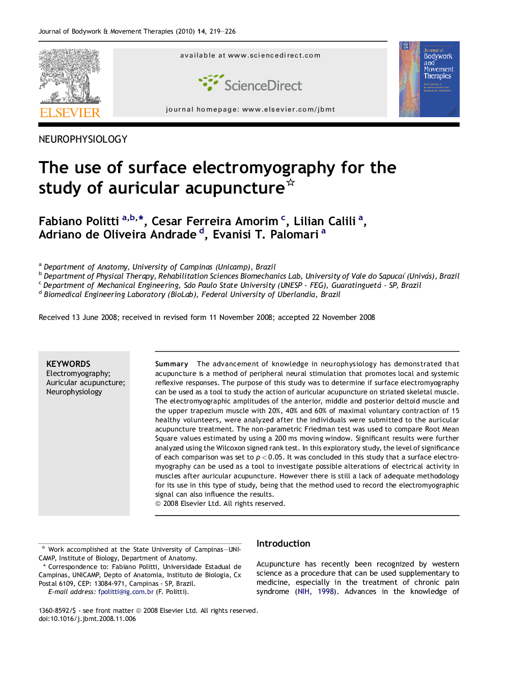 The use of surface electromyography for the study of auricular acupuncture 