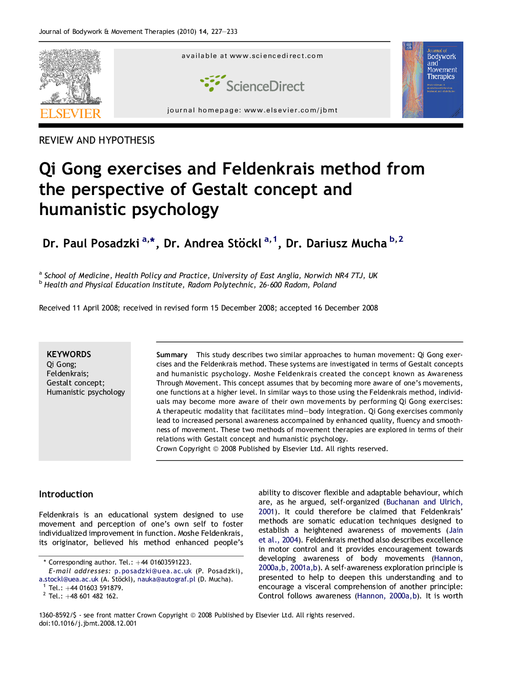 Qi Gong exercises and Feldenkrais method from the perspective of Gestalt concept and humanistic psychology