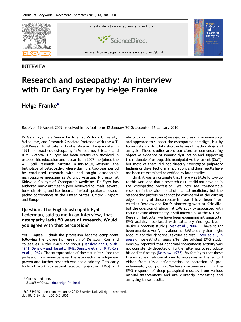Research and osteopathy: An interview with Dr Gary Fryer by Helge Franke